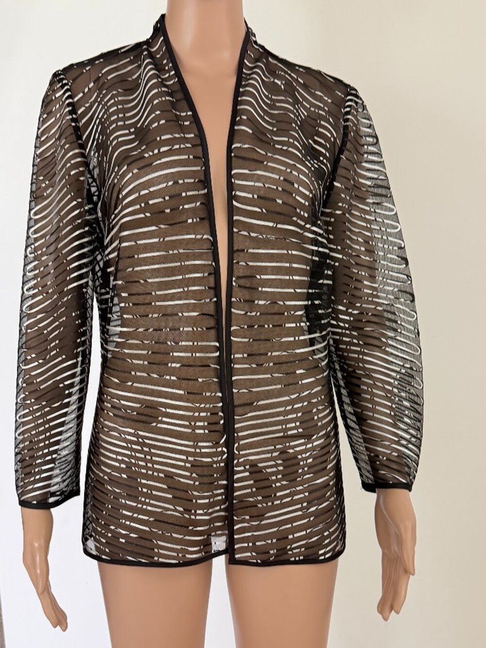 Ming Wang Jacket Women's Size S Black White 3/4 Sleeve Sheer Heritage